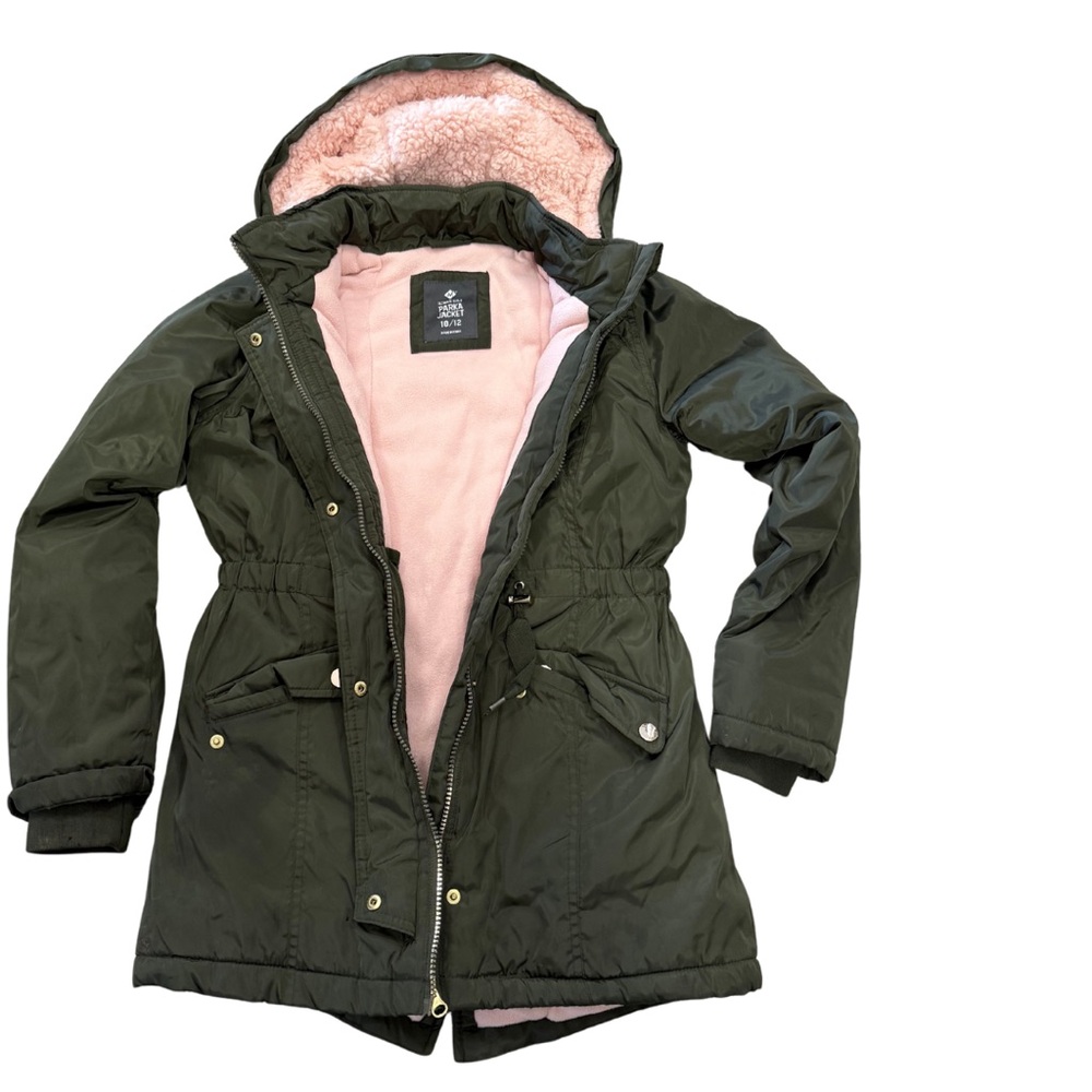 Kids Olive Green Puffer Jacket with Pink Lining